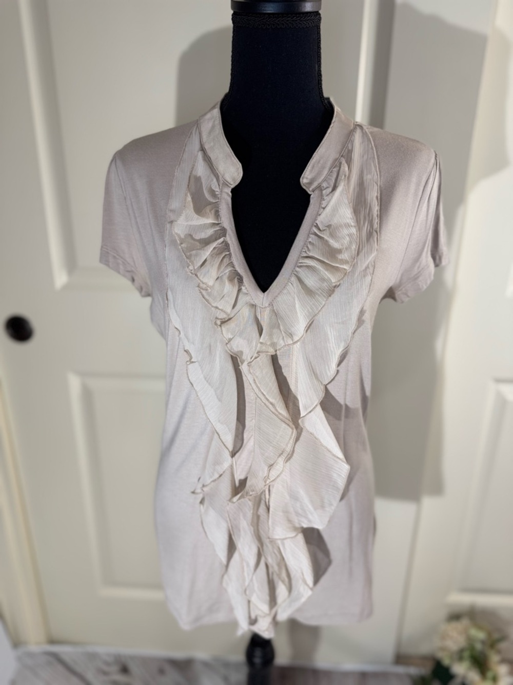 NWOT Kische Beige Ruffle V-Neck Short Sleeve Top Large